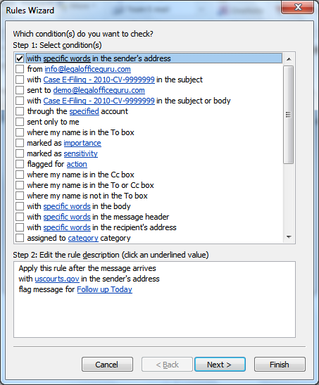 Screen Shot of Outlook Rules Wizard