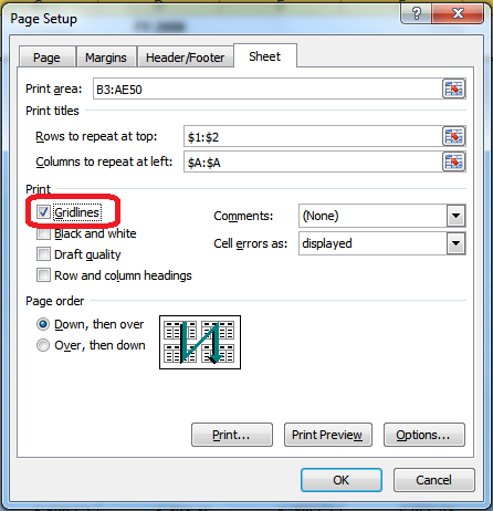 Excel Page Setup Sheet Gridlines