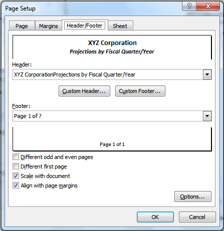 Excel Page Setup dialog box - Header Footer tab