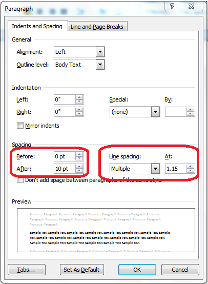 Default paragraph settings for Word 2010