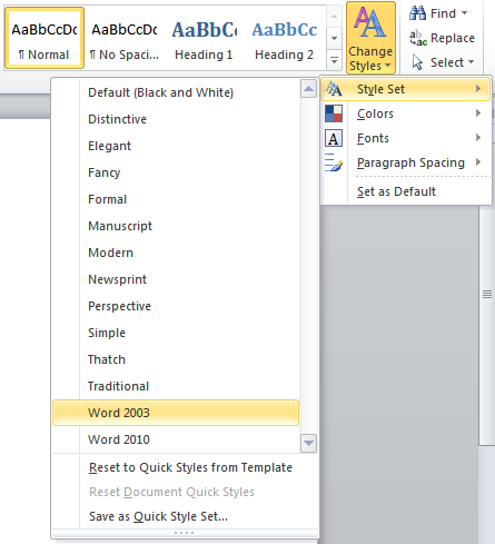 Changing default styles for Word 2010