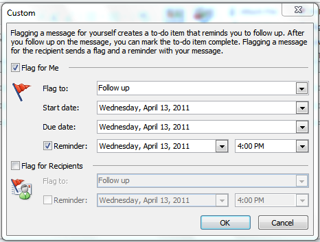 Outlook dialog box for flagging email for sender follow-up
