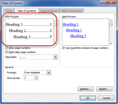 table of contents microsoft word