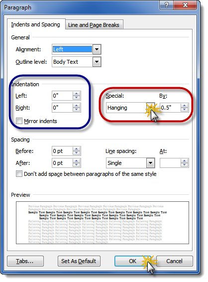 how to hanging tab word