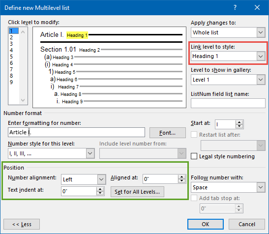 edit multilevel list word 2016