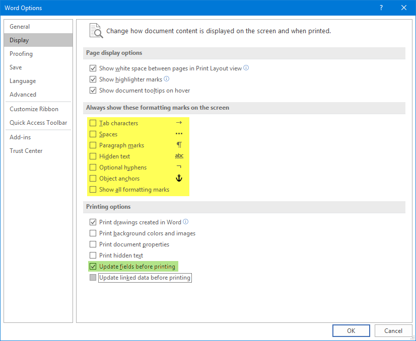 Word Options dialog box