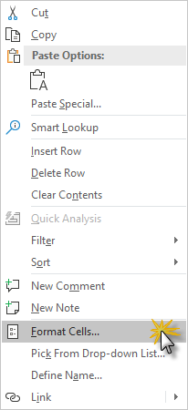 Excel format cells in contextual menu