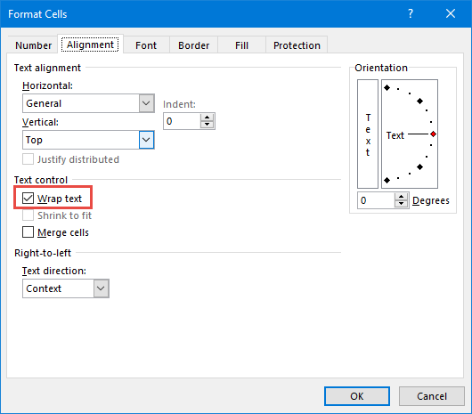 Excel Format Cells dialog - wrap text