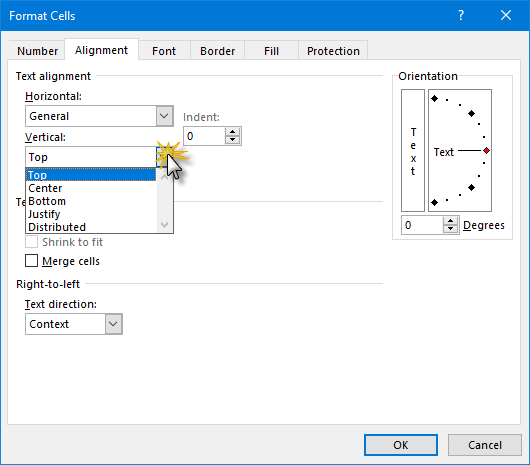 Excel Format Cells dialog - vertical alignment