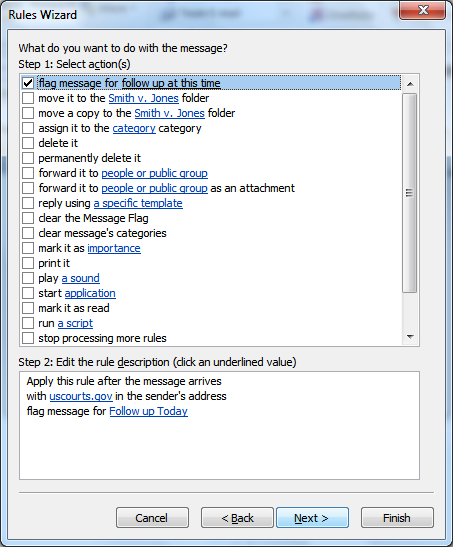 Screen shot of Outlook Rules Wizard