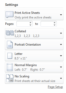 Microsoft Excel print preview settings