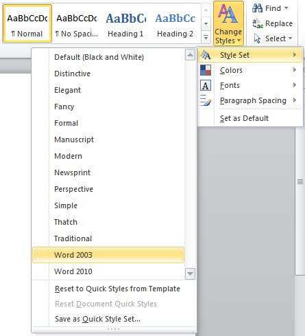 how to change style set in word 2013