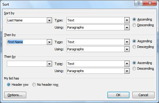 Microsoft Word Sort Dialog Box