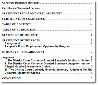 Sample Table of Contents