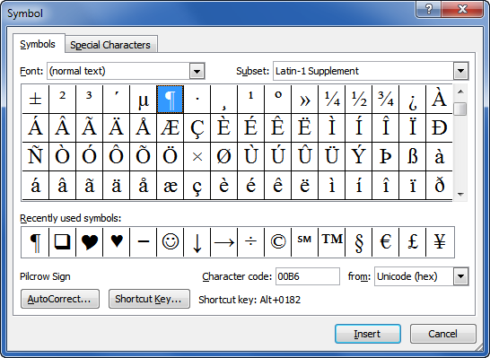 ms word shortcut keys for symbols