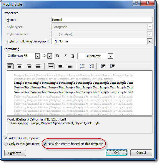 Word modify style dialog