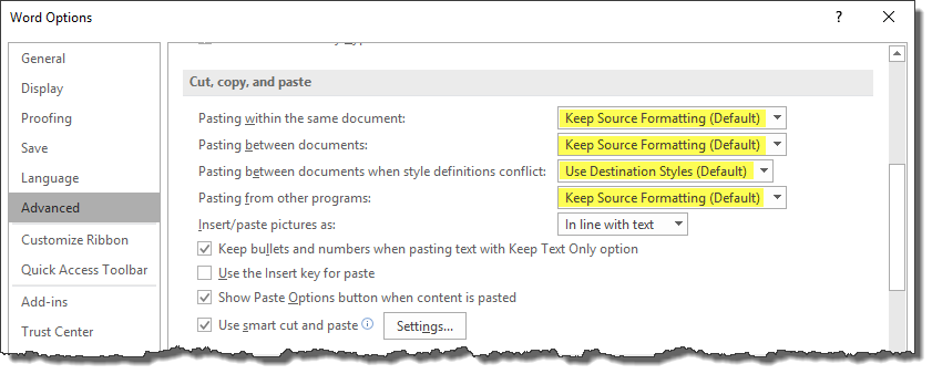 Recommended default paste settings