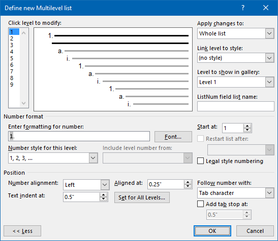 edit multilevel list word 2016