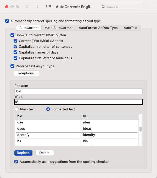 Mac AutoCorrect Options: Saving a formatted entry