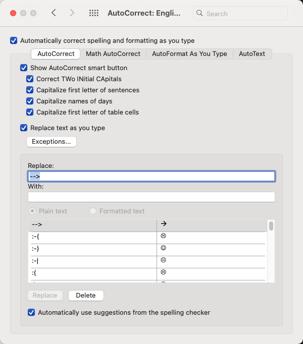 Mac AutoCorrect dialog box