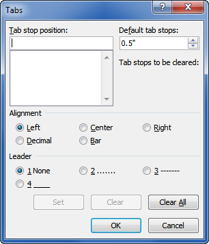 problem setting tabs in word