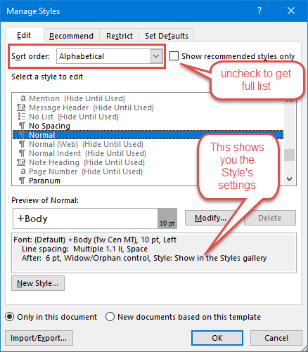 Manage Styles dialog box showing Edit tab