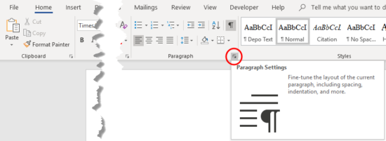 where is the paragraph dialog box launcher in word