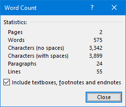 Word Count dialog box