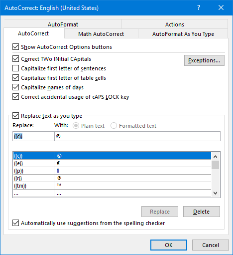 Word Autocorrect dialog box