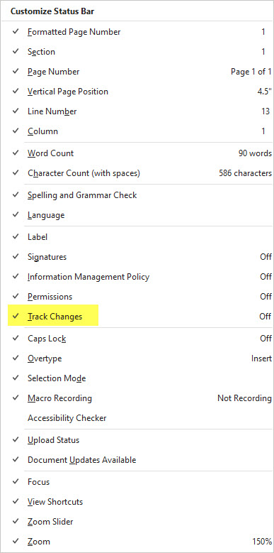 Word-2019-status-bar-turn-track-changes-on
