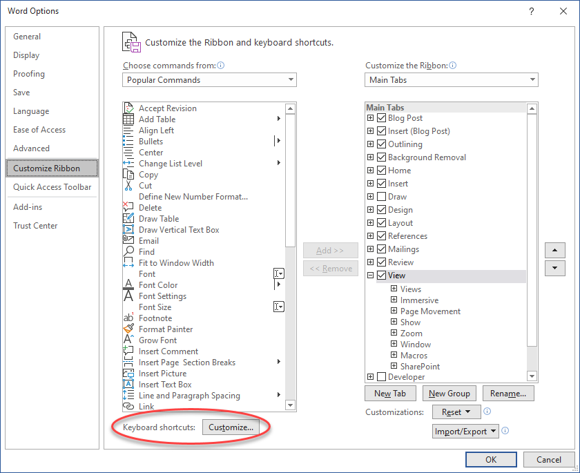 Word Options Customize Ribbon Keyboard Shortcuts button