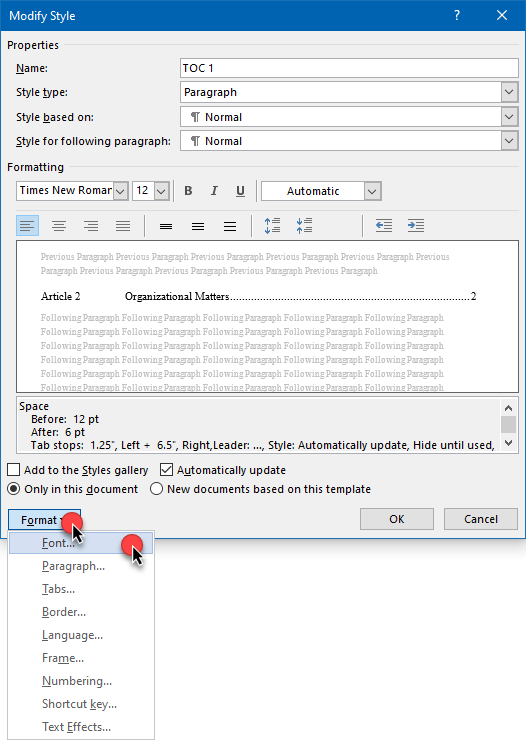 Modify Style dialog box  Format  Font