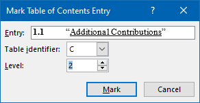 Table of Contents Entry dialog box