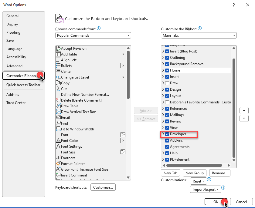 Word Options dialog box - customize ribbon - developer tab