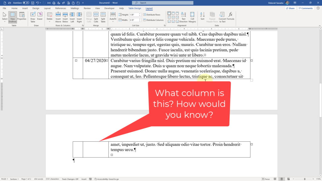 Table split across page break