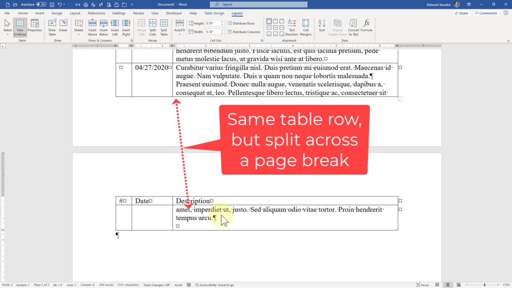 Table row split across page break