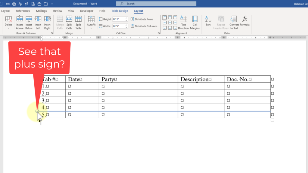 Plus sign to add new row to table