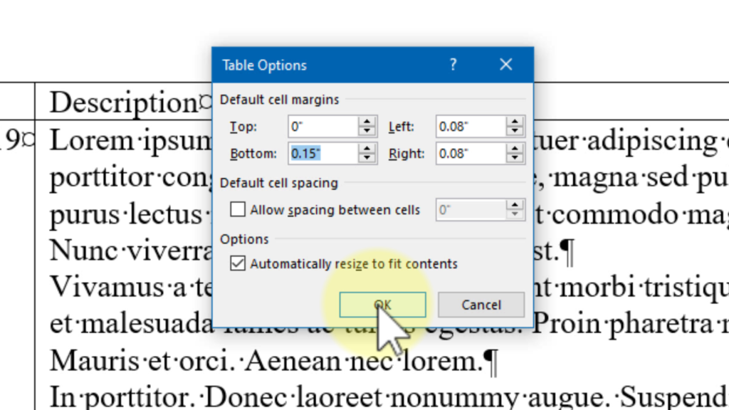 Table Options dialog box