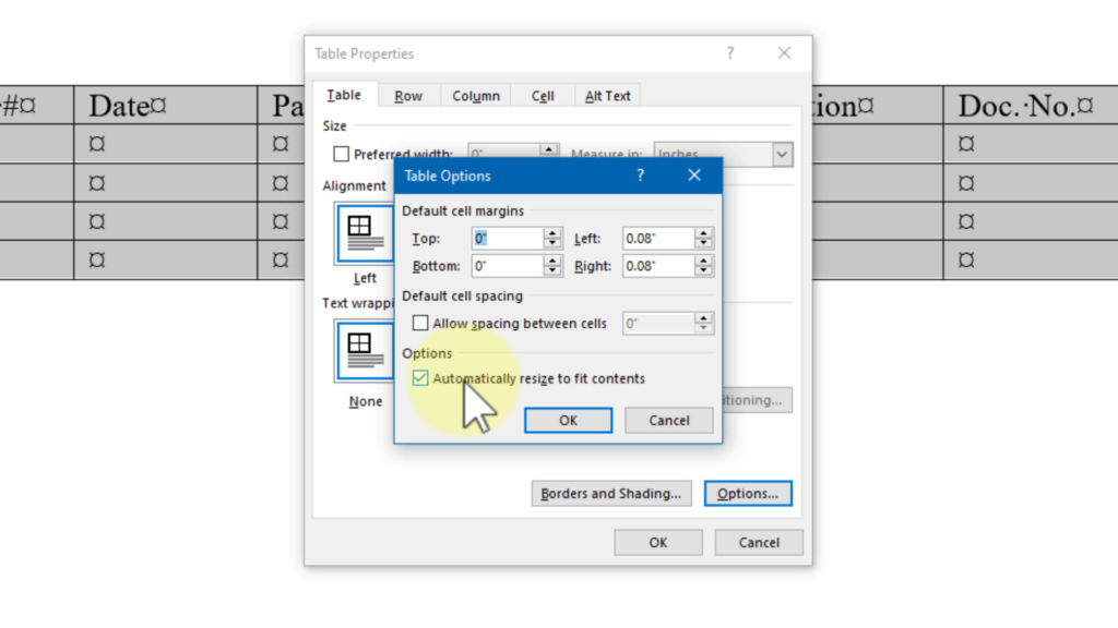 Table Options dialog box