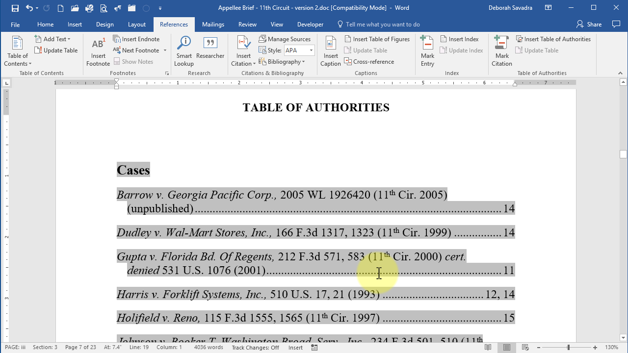Table of Authorities example