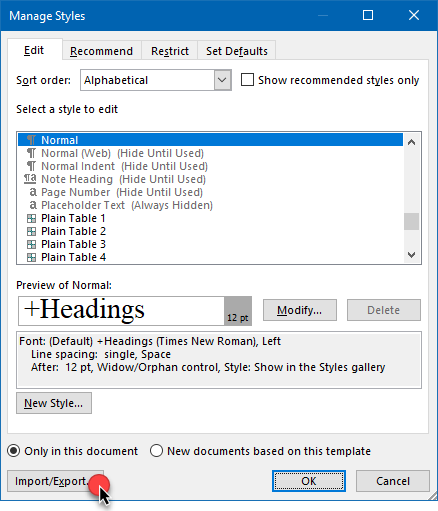 Manage Styles dialog box