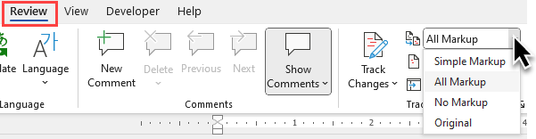 Markup dropdown on Review tab