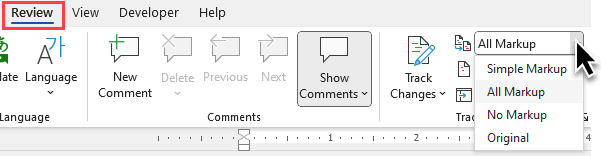 Markup dropdown on Review tab