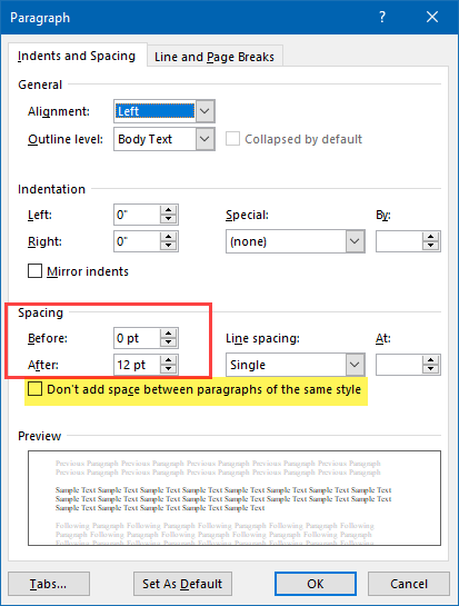 Word paragraph dialog box