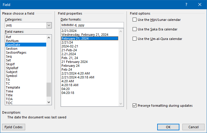 Field dialog box - SaveDate field