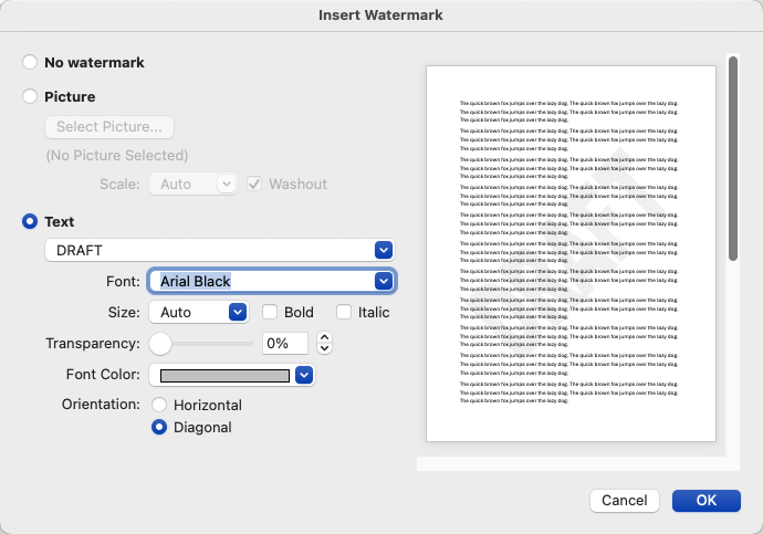 Word for Mac Add Watermark dialog box